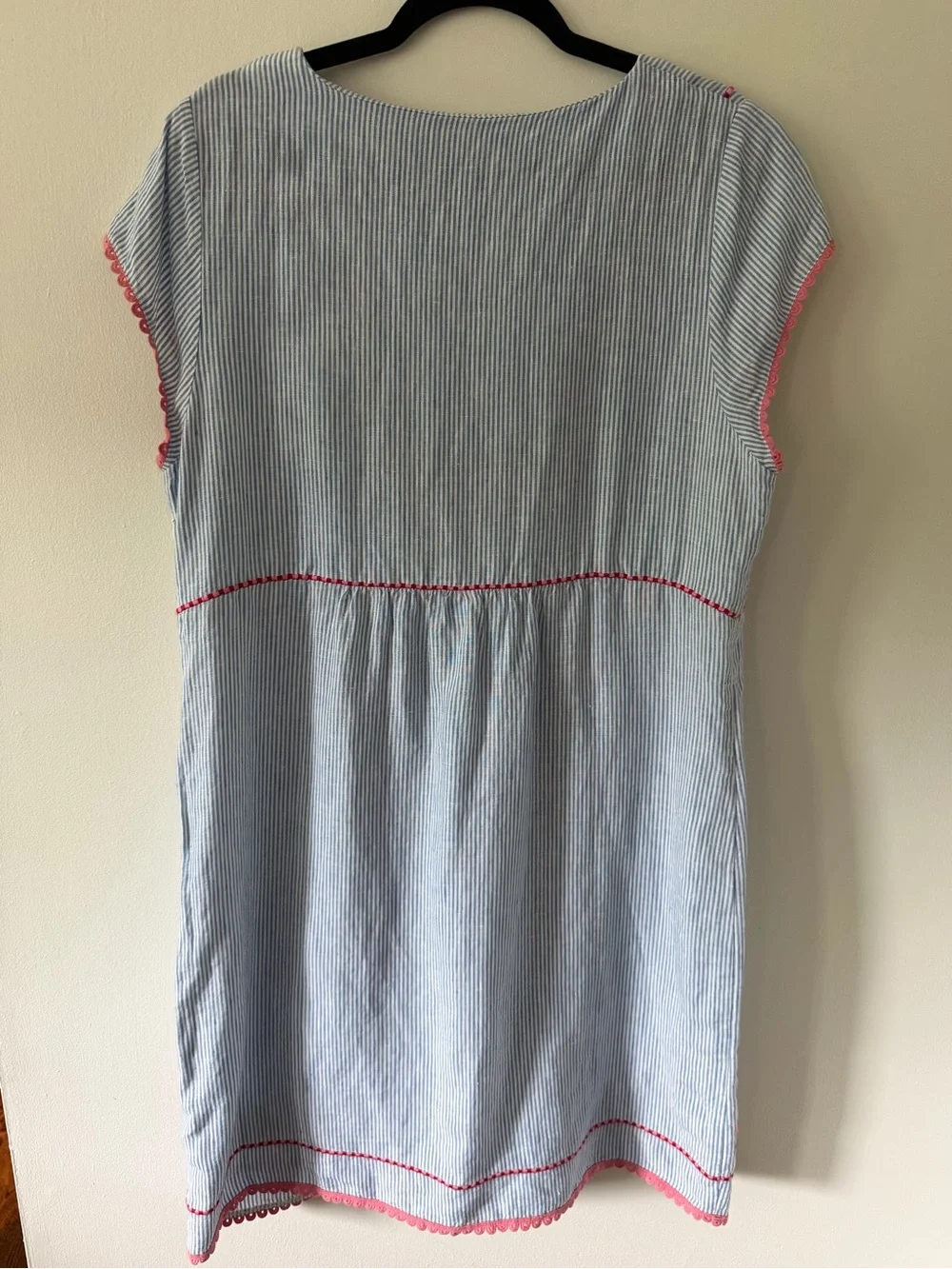 Boden Linen Blend Embroidered Striped Shift Dress Blue White Floral | US 12R - Picture 4 of 5